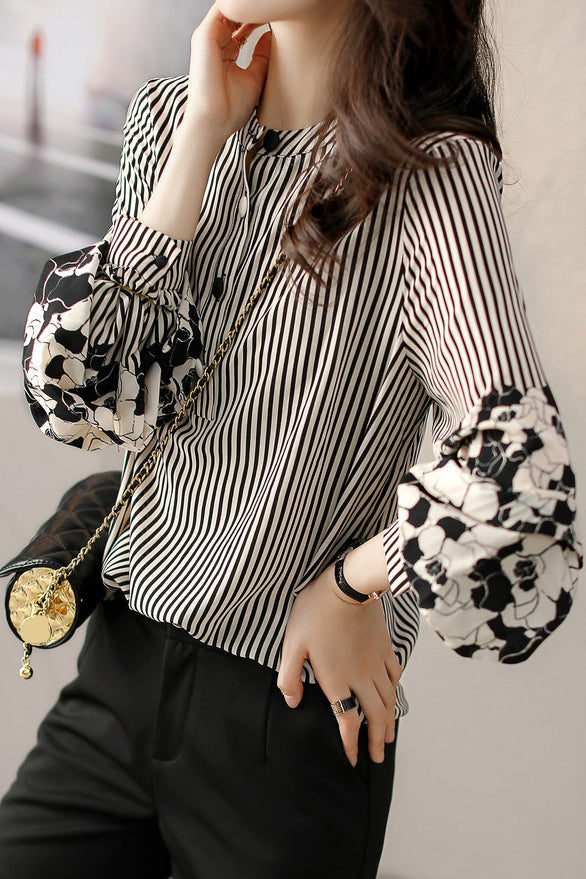 Striped lantern-sleeve shirt that is slimming and all-match - liwisi