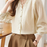 Lace V-neck solid-color shirt - liwisi