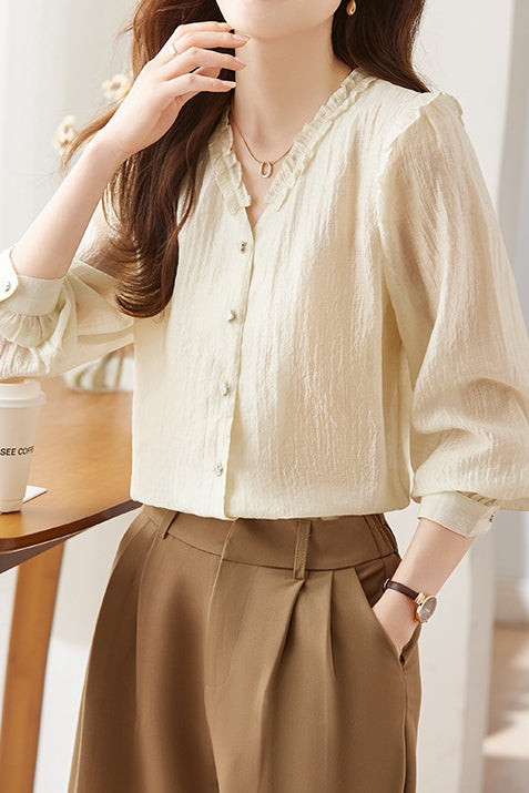 Lace V-neck solid-color shirt - liwisi