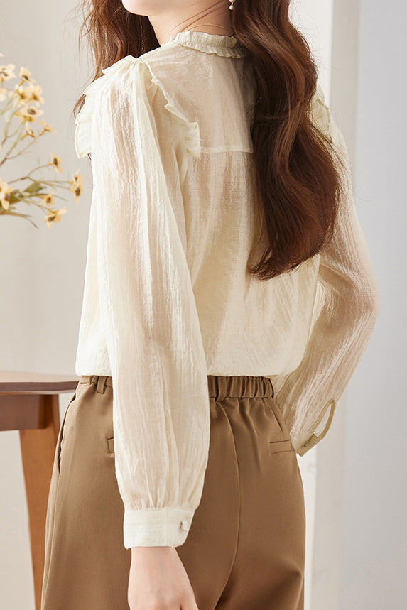 Lace V-neck solid-color shirt - liwisi