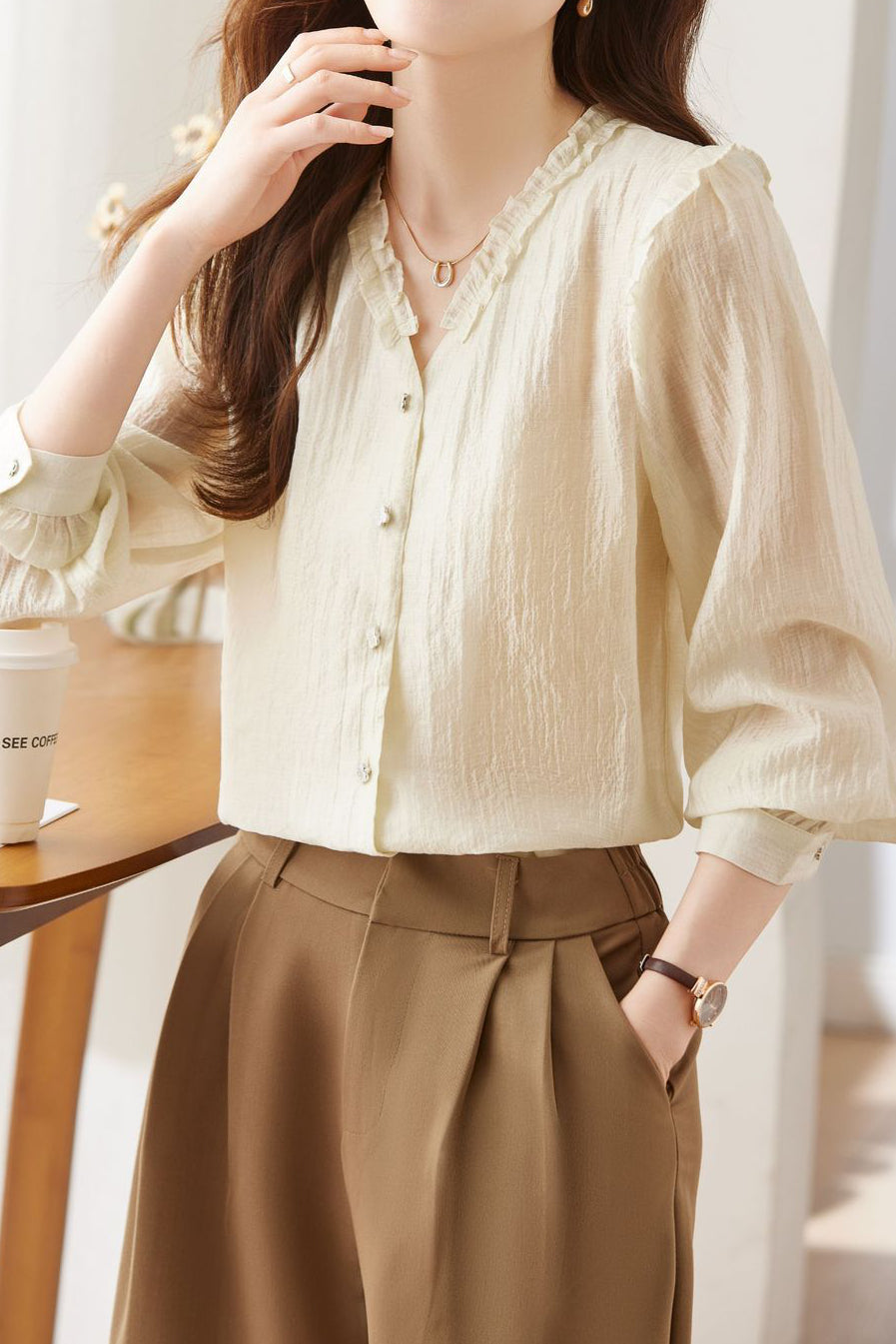 Lace V-neck solid-color shirt - liwisi