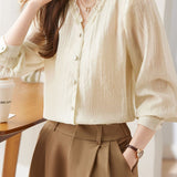 Lace V-neck solid-color shirt - liwisi