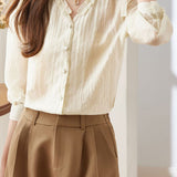 Lace V-neck solid-color shirt - liwisi