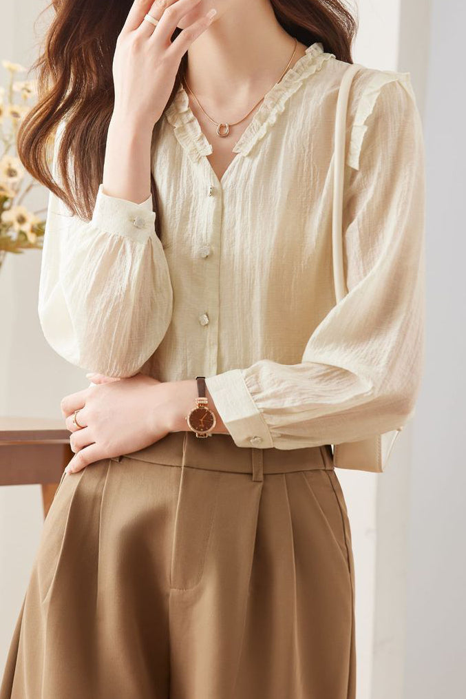 Lace V-neck solid-color shirt - liwisi