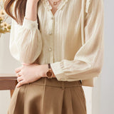 Lace V-neck solid-color shirt - liwisi