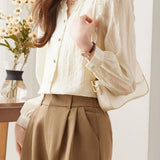 Lace V-neck solid-color shirt - liwisi