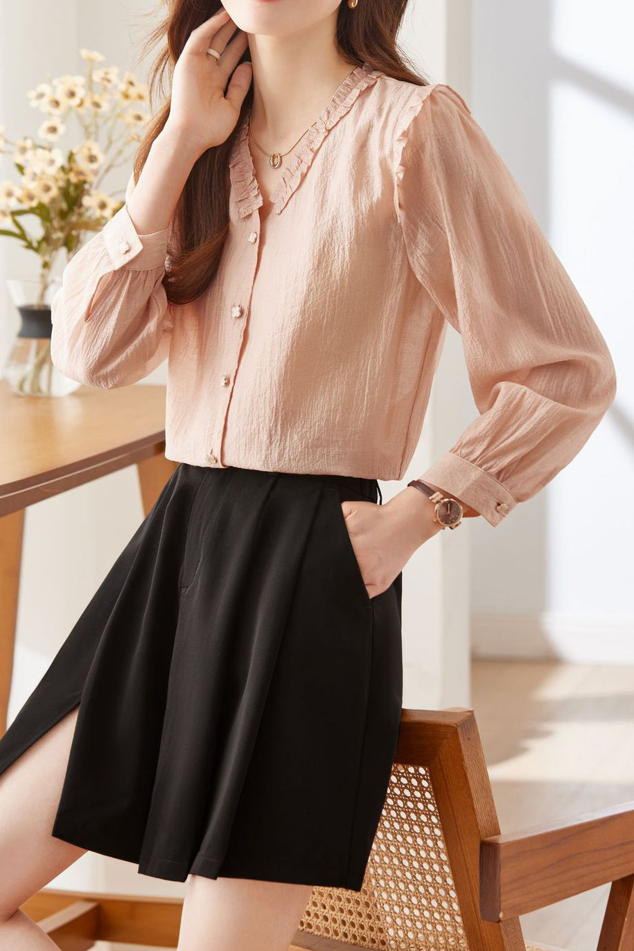Lace V-neck solid-color shirt - liwisi