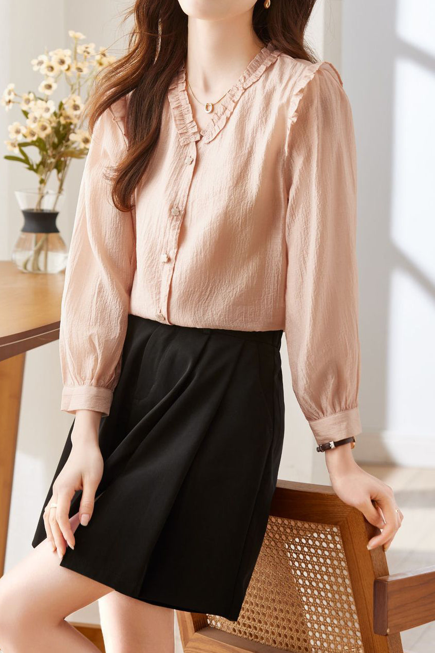 Lace V-neck solid-color shirt - liwisi