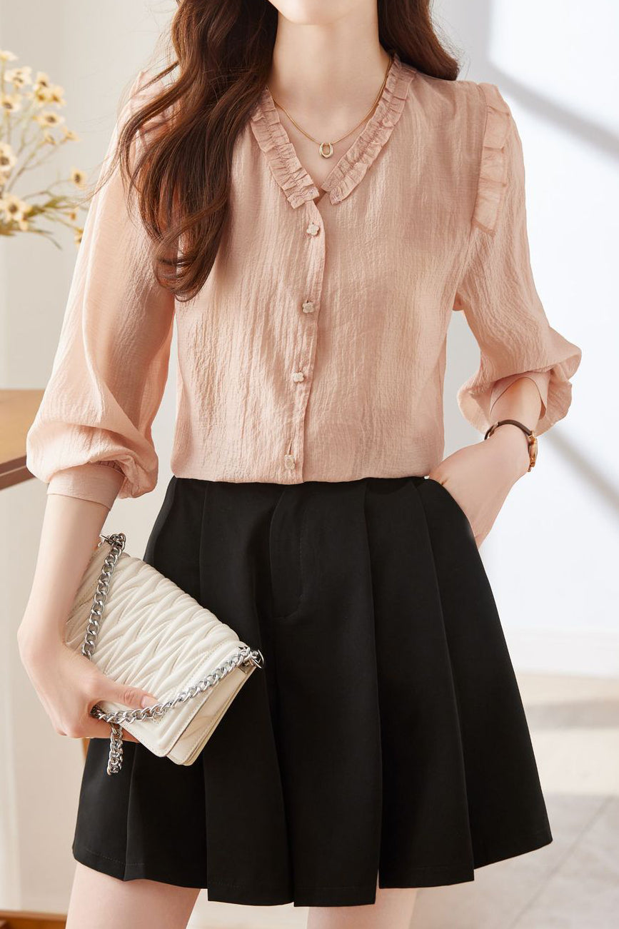 Lace V-neck solid-color shirt - liwisi