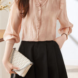 Lace V-neck solid-color shirt - liwisi