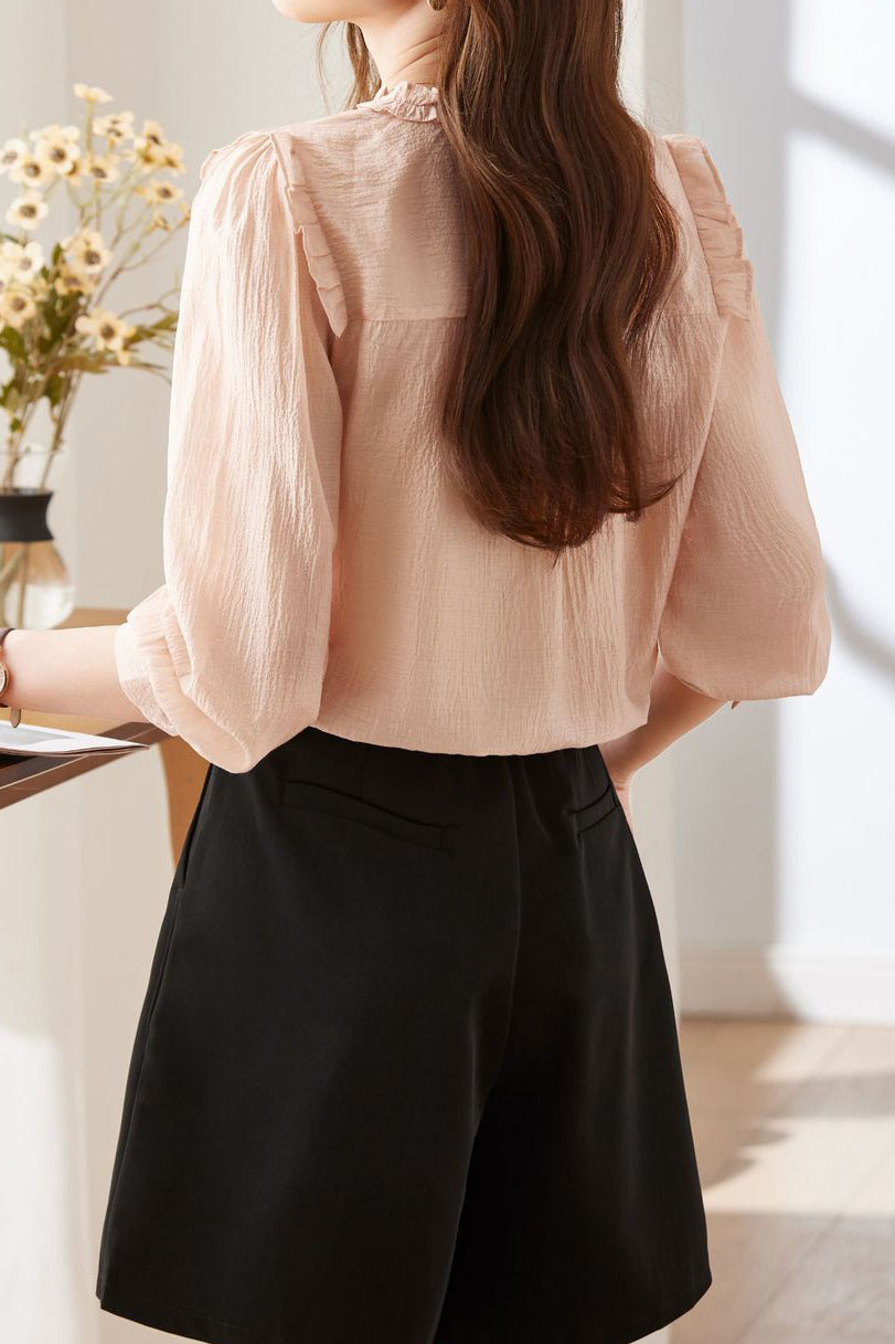 Lace V-neck solid-color shirt - liwisi