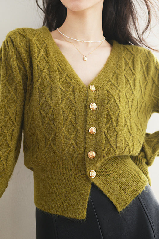 French vintage cable-knit V-neck cardigan sweater coat - liwisi