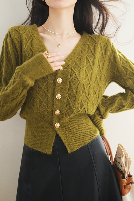 French vintage cable-knit V-neck cardigan sweater coat - liwisi