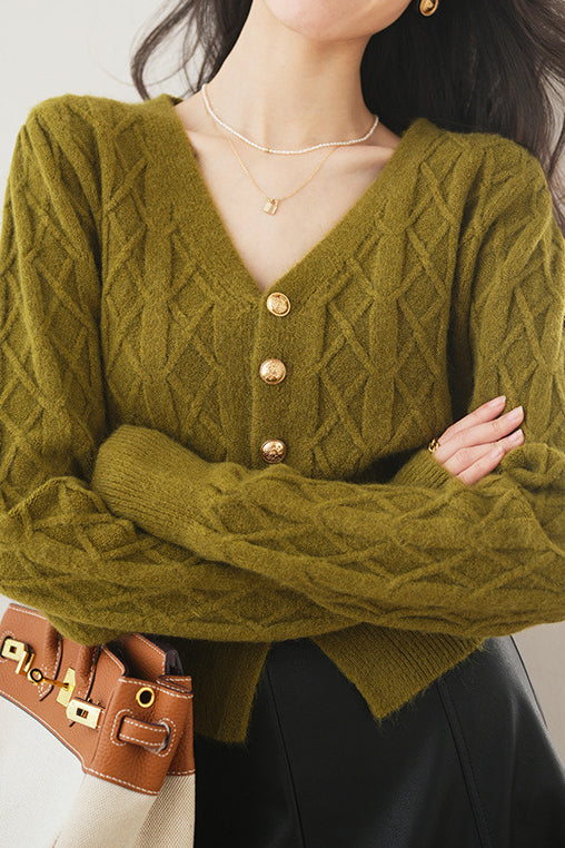 French vintage cable-knit V-neck cardigan sweater coat - liwisi