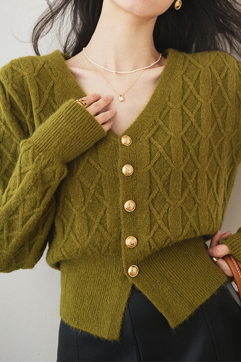 French vintage cable-knit V-neck cardigan sweater coat - liwisi