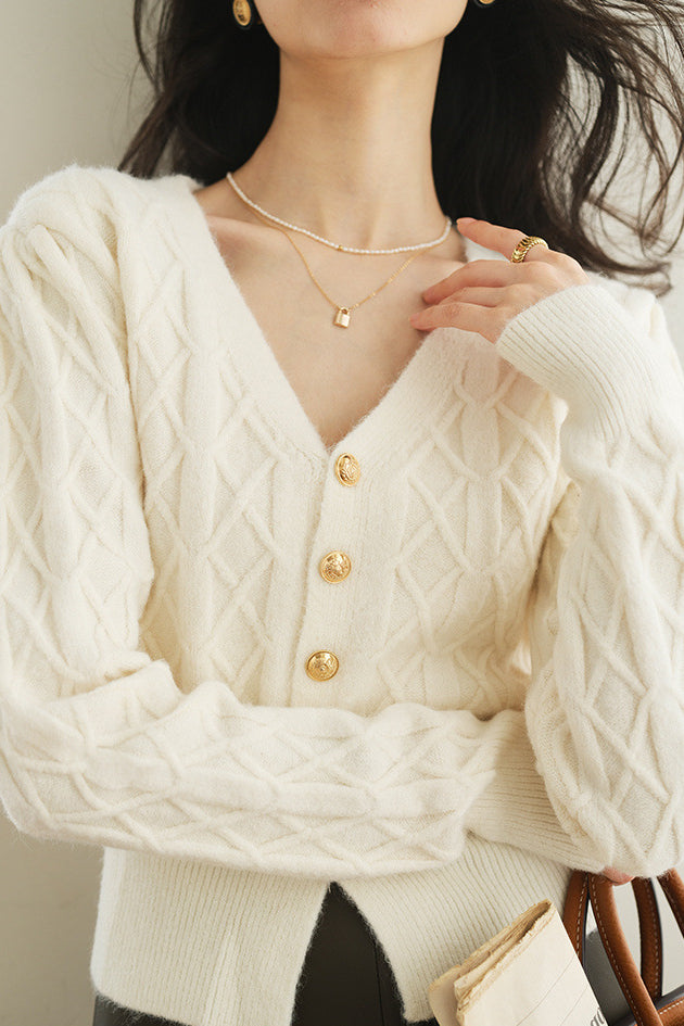 French vintage cable-knit V-neck cardigan sweater coat - liwisi