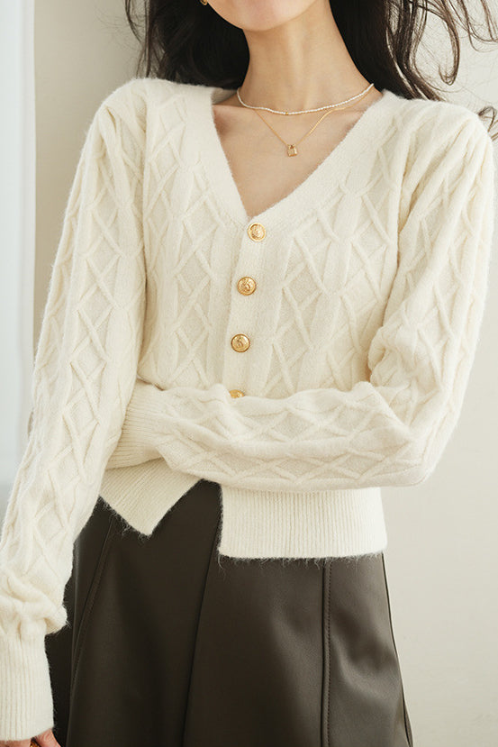 French vintage cable-knit V-neck cardigan sweater coat - liwisi