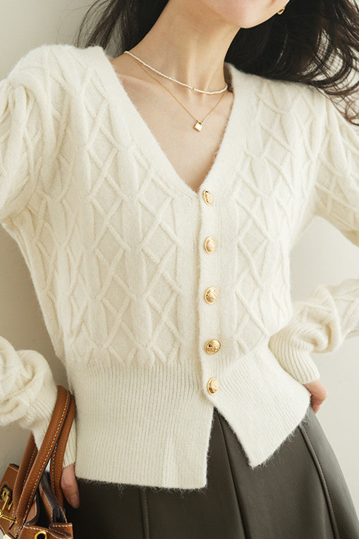 French vintage cable-knit V-neck cardigan sweater coat - liwisi