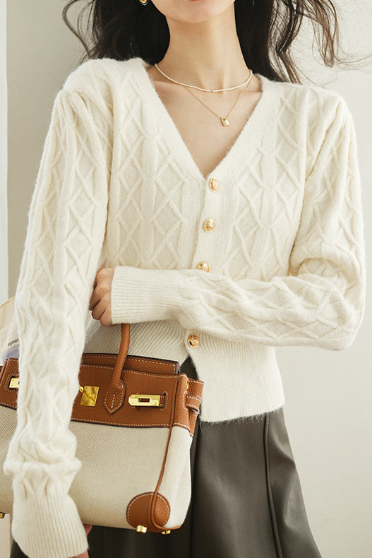 French vintage cable-knit V-neck cardigan sweater coat - liwisi