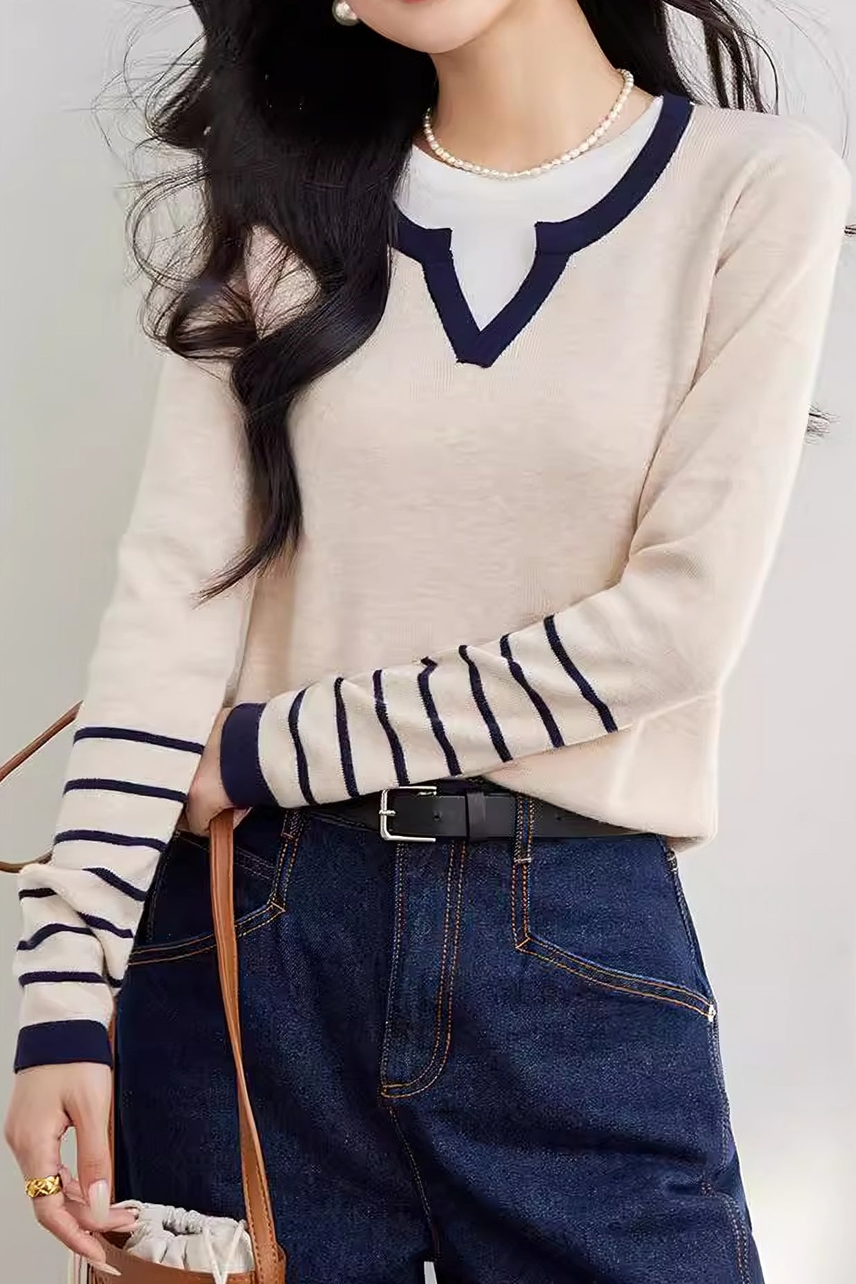 Faux two-piece color-block layered knitted sweater - liwisi