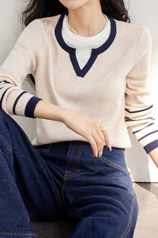Faux two-piece color-block layered knitted sweater - liwisi
