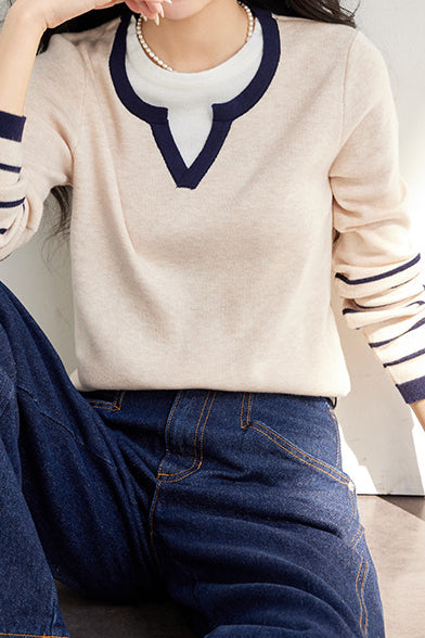 Faux two-piece color-block layered knitted sweater - liwisi