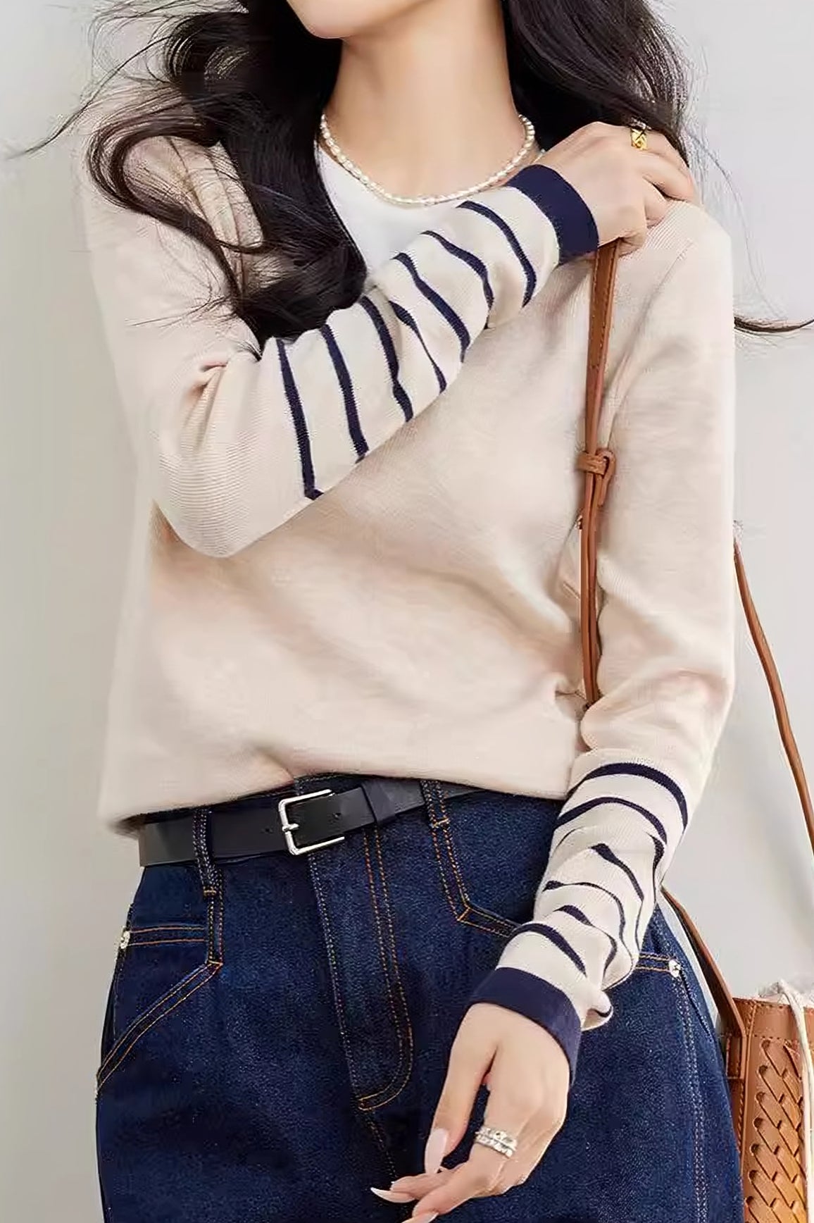 Faux two-piece color-block layered knitted sweater - liwisi