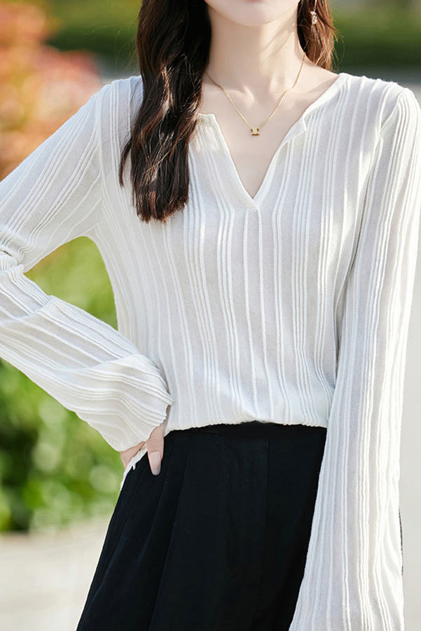 Half-open V-neck loose base layer shirt - liwisi