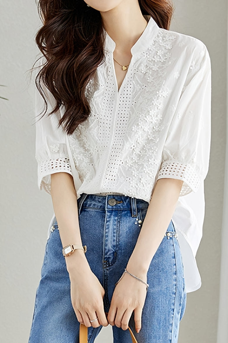 Cut-out embroidered solid-color shirt - liwisi