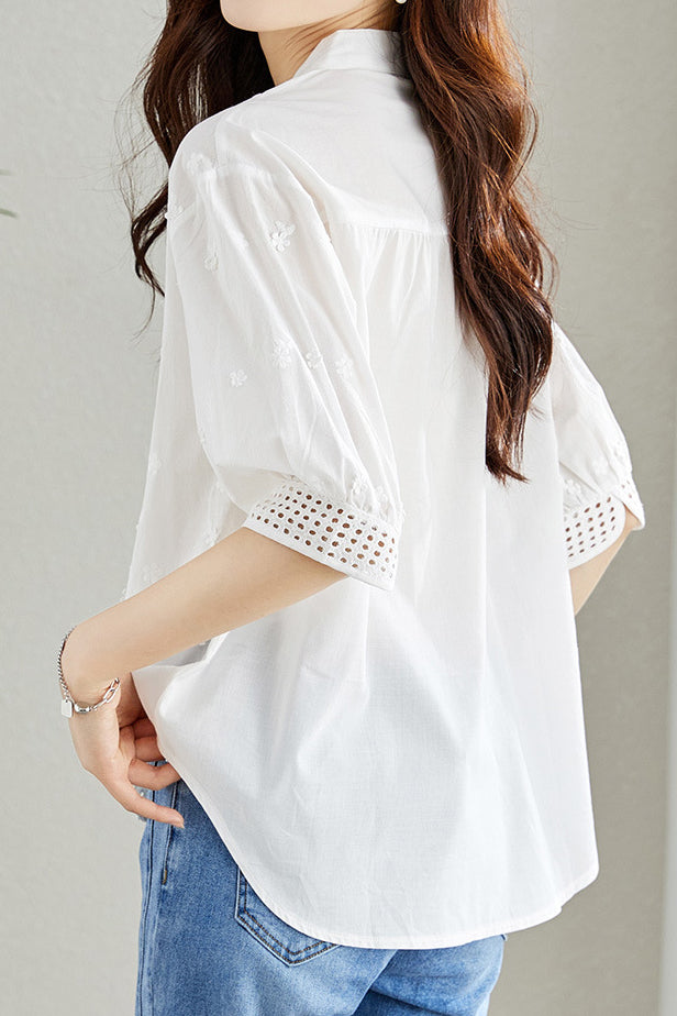 Cut-out embroidered solid-color shirt - liwisi
