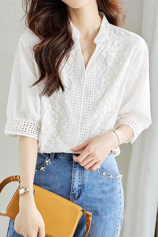Cut-out embroidered solid-color shirt - liwisi