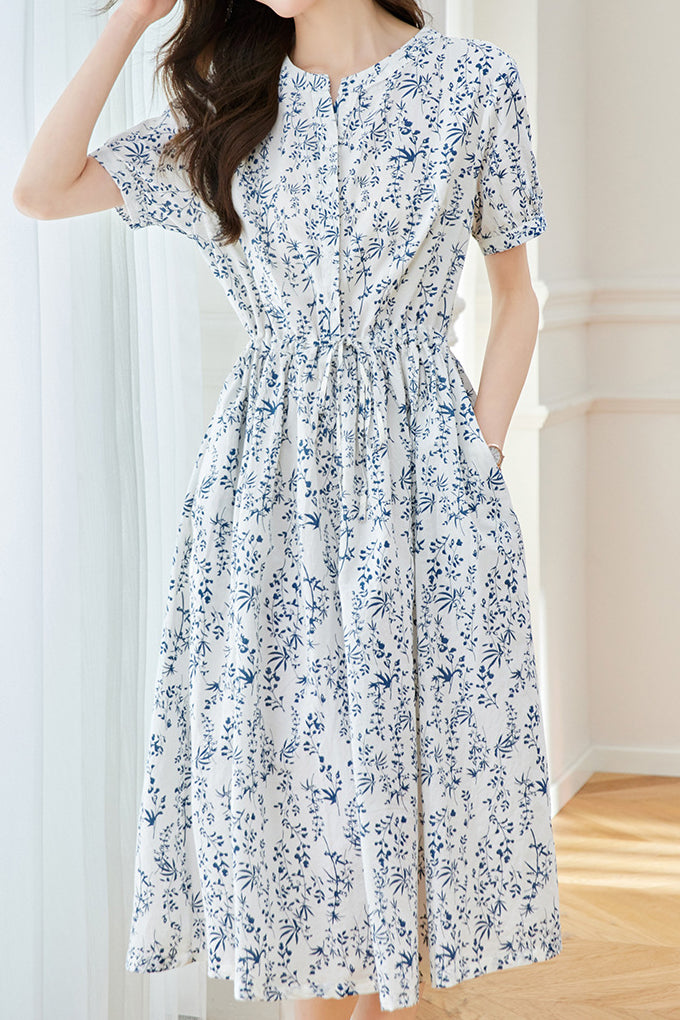 Round-neck floral mid-length dress - liwisi