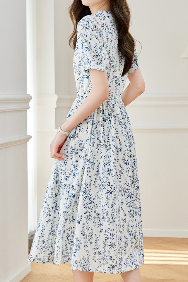 Round-neck floral mid-length dress - liwisi