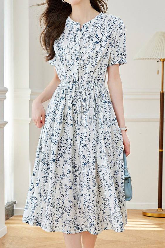 Round-neck floral mid-length dress - liwisi