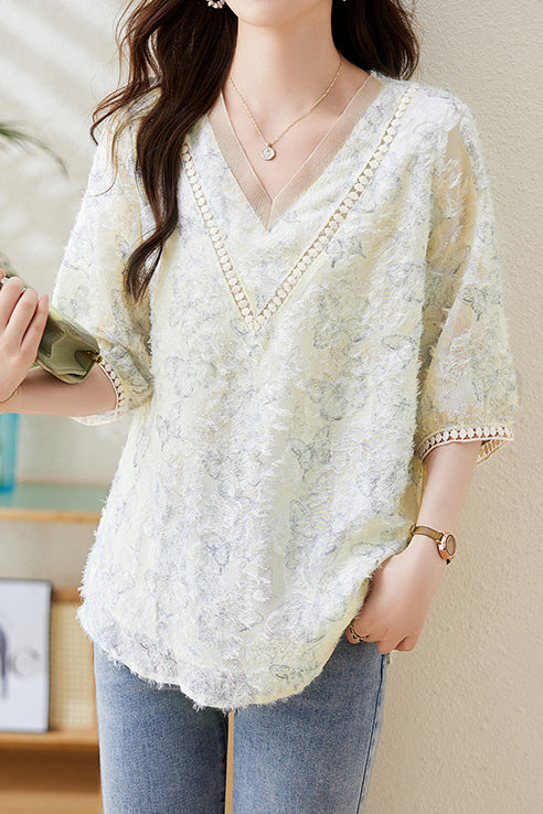 V-neck Butterfly Print Shirt - liwisi
