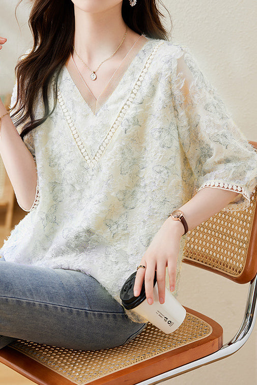 V-neck Butterfly Print Shirt - liwisi