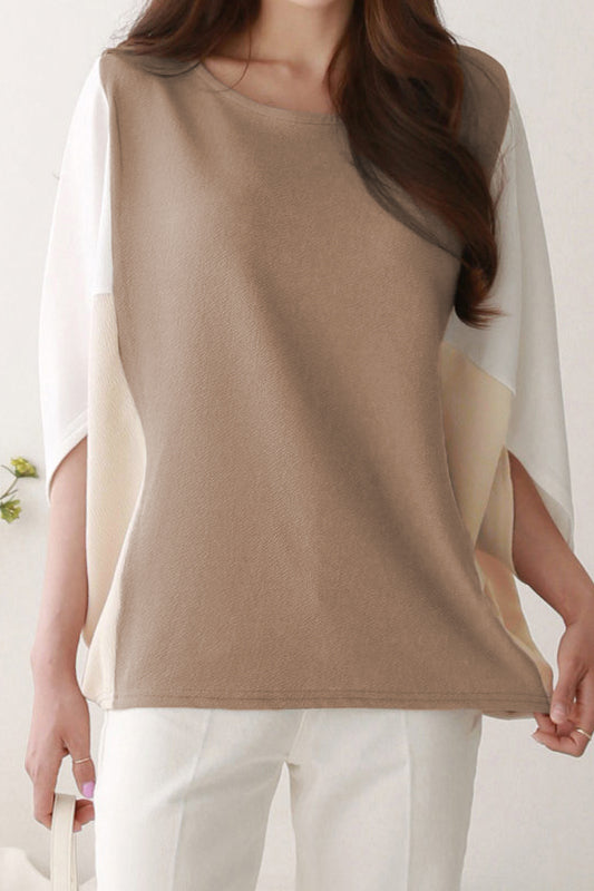 Loose Color-blocked Batwing Sleeve Top - liwisi