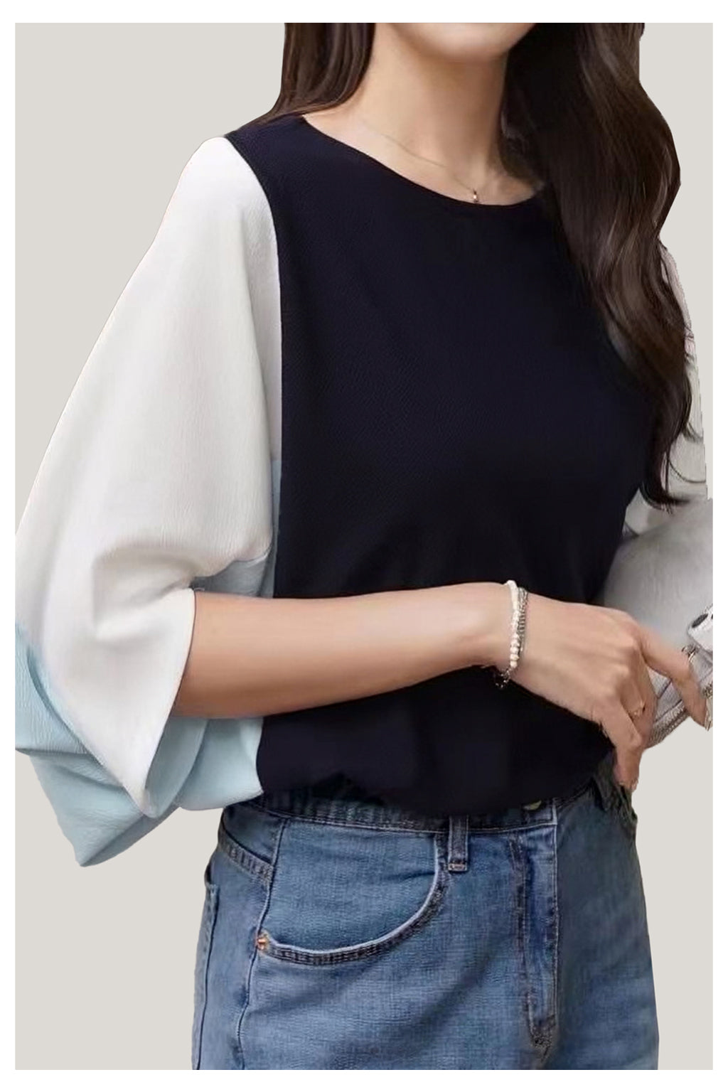 Loose Color-blocked Batwing Sleeve Top - liwisi