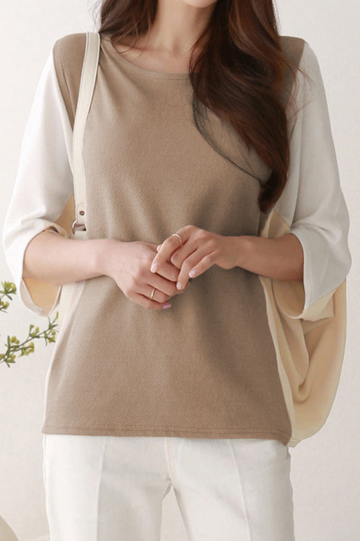 Loose Color-blocked Batwing Sleeve Top - liwisi