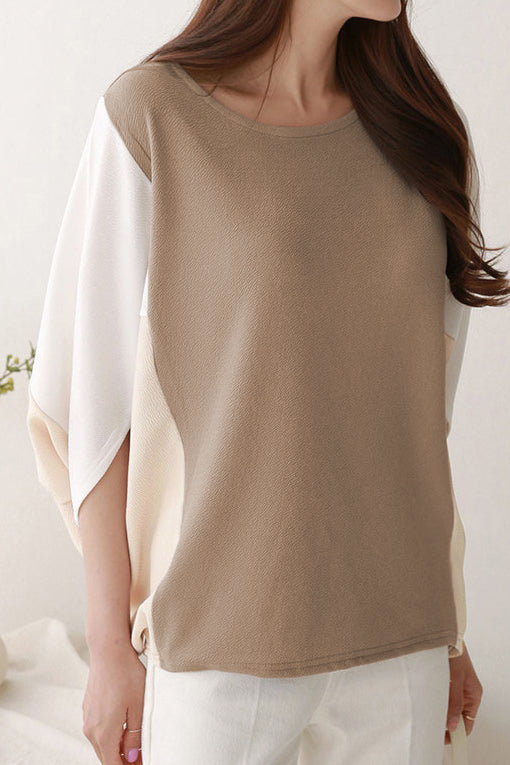 Loose Color-blocked Batwing Sleeve Top - liwisi