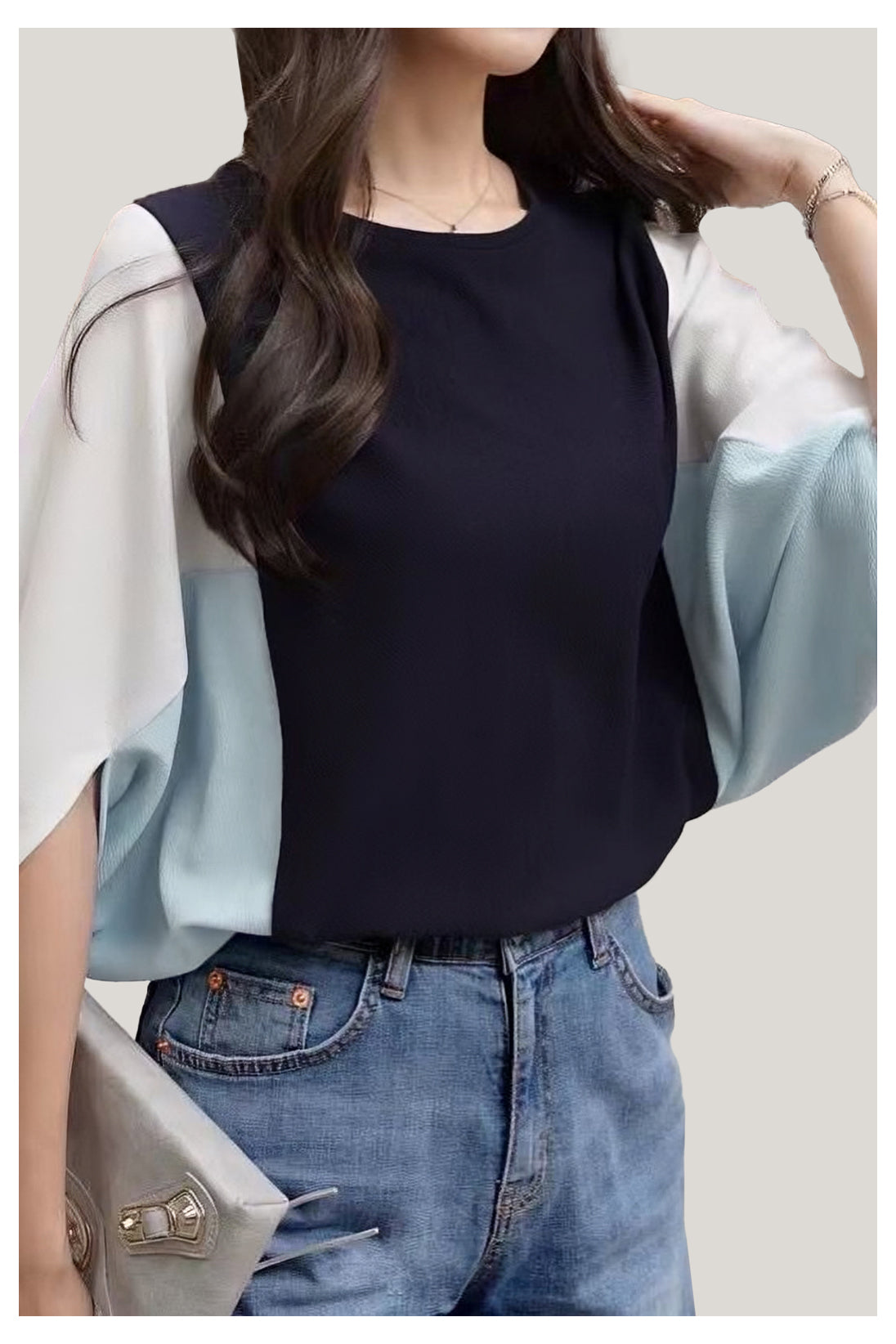 Loose Color-blocked Batwing Sleeve Top - liwisi