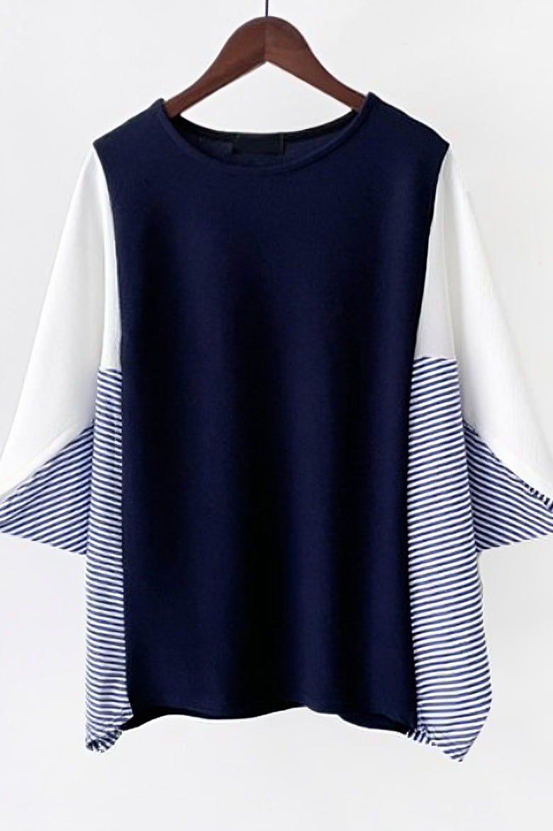 Loose Color-blocked Batwing Sleeve Top - liwisi
