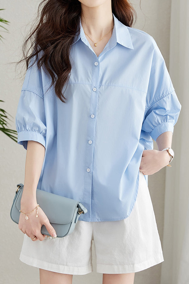 Solid-color Loose Mid-length Sleeve Shirt - liwisi