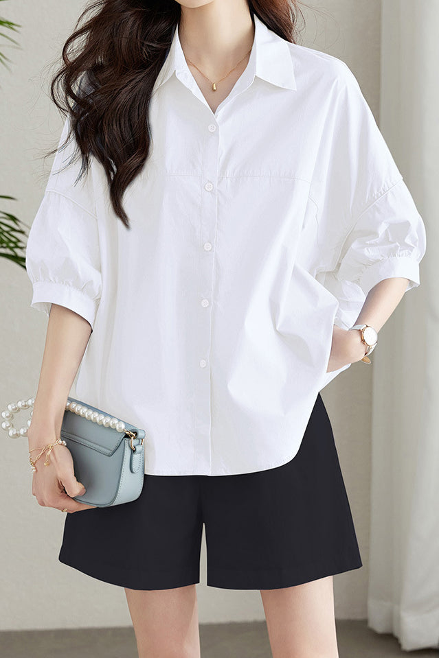 Solid-color Loose Mid-length Sleeve Shirt - liwisi