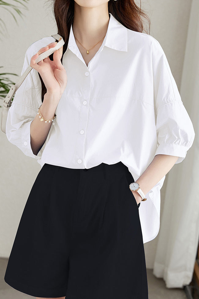 Solid-color Loose Mid-length Sleeve Shirt - liwisi