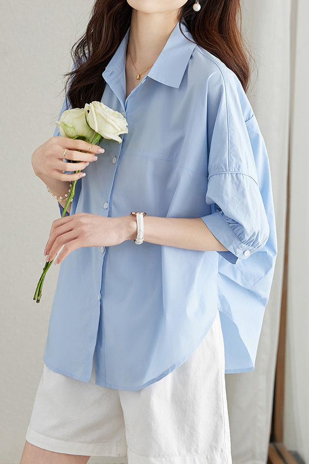 Solid-color Loose Mid-length Sleeve Shirt - liwisi