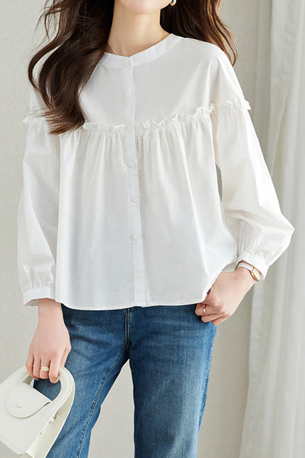 Pure Cotton Ruffled Commuting Shirt - liwisi