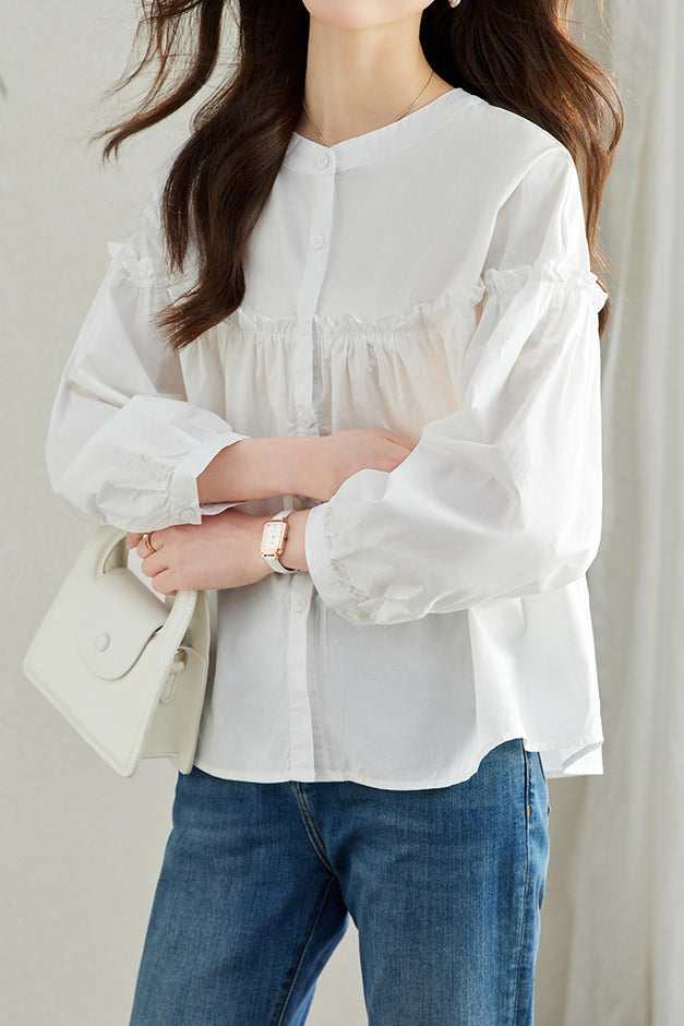 Pure Cotton Ruffled Commuting Shirt - liwisi