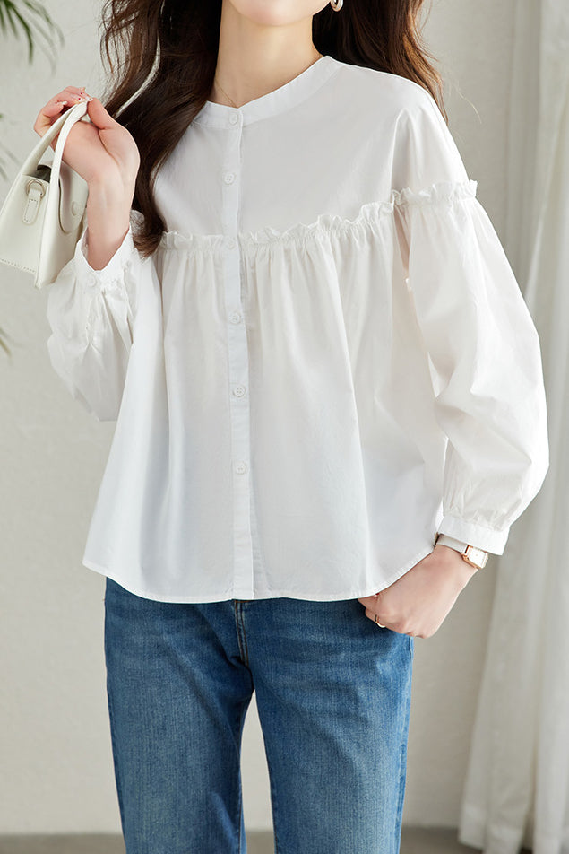 Pure Cotton Ruffled Commuting Shirt - liwisi