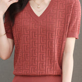 Color-blocked Knitted V-neck T-shirt - liwisi